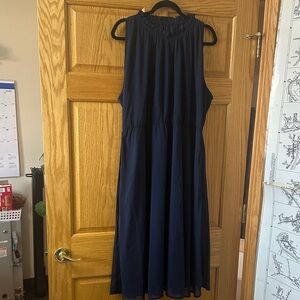BloomChic Navy Sleeveless Midi Dress with Smocked Neck